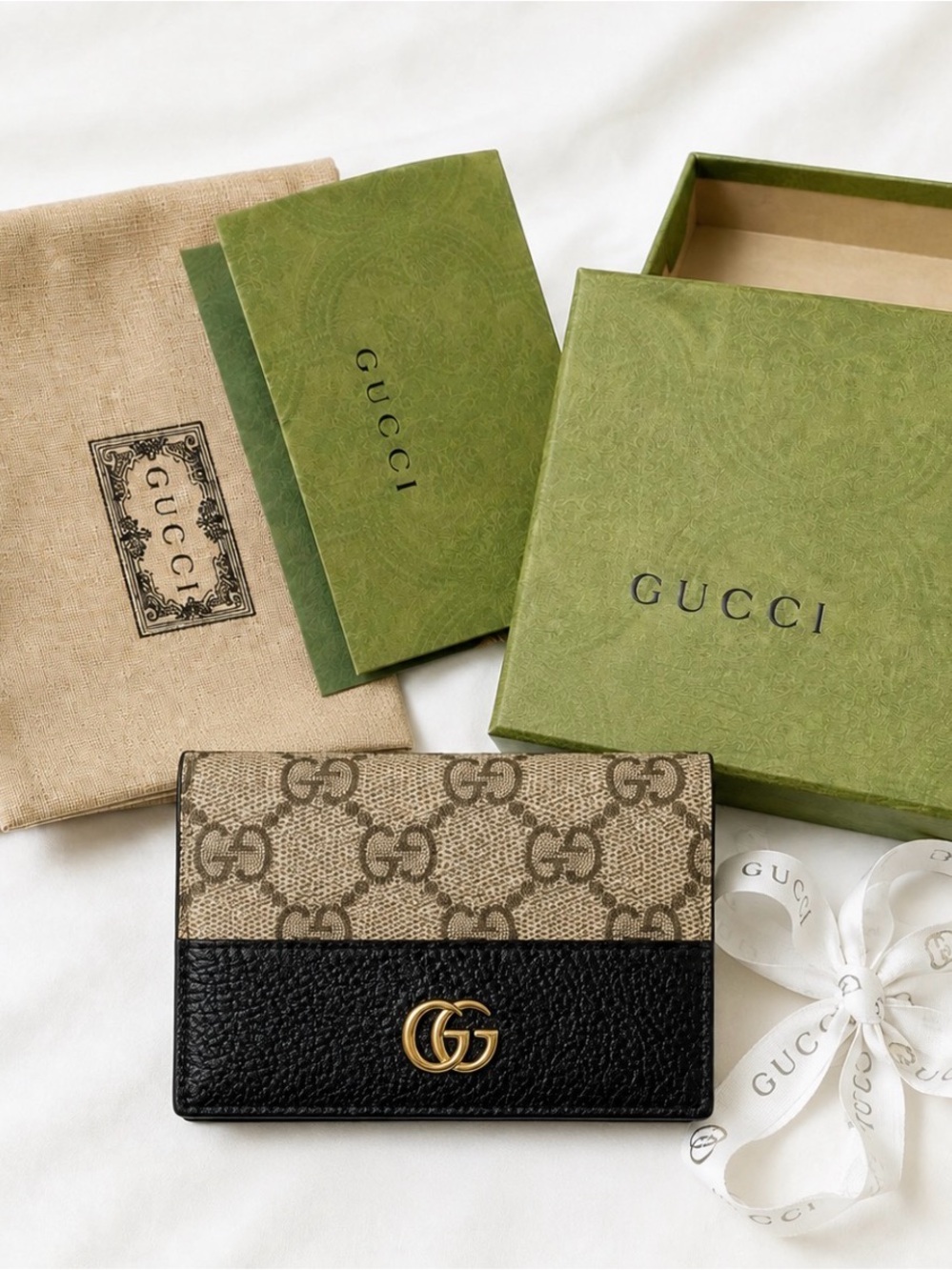 Gucci Beige GG Canvas and Black Leather Card Holder with Gold Double G